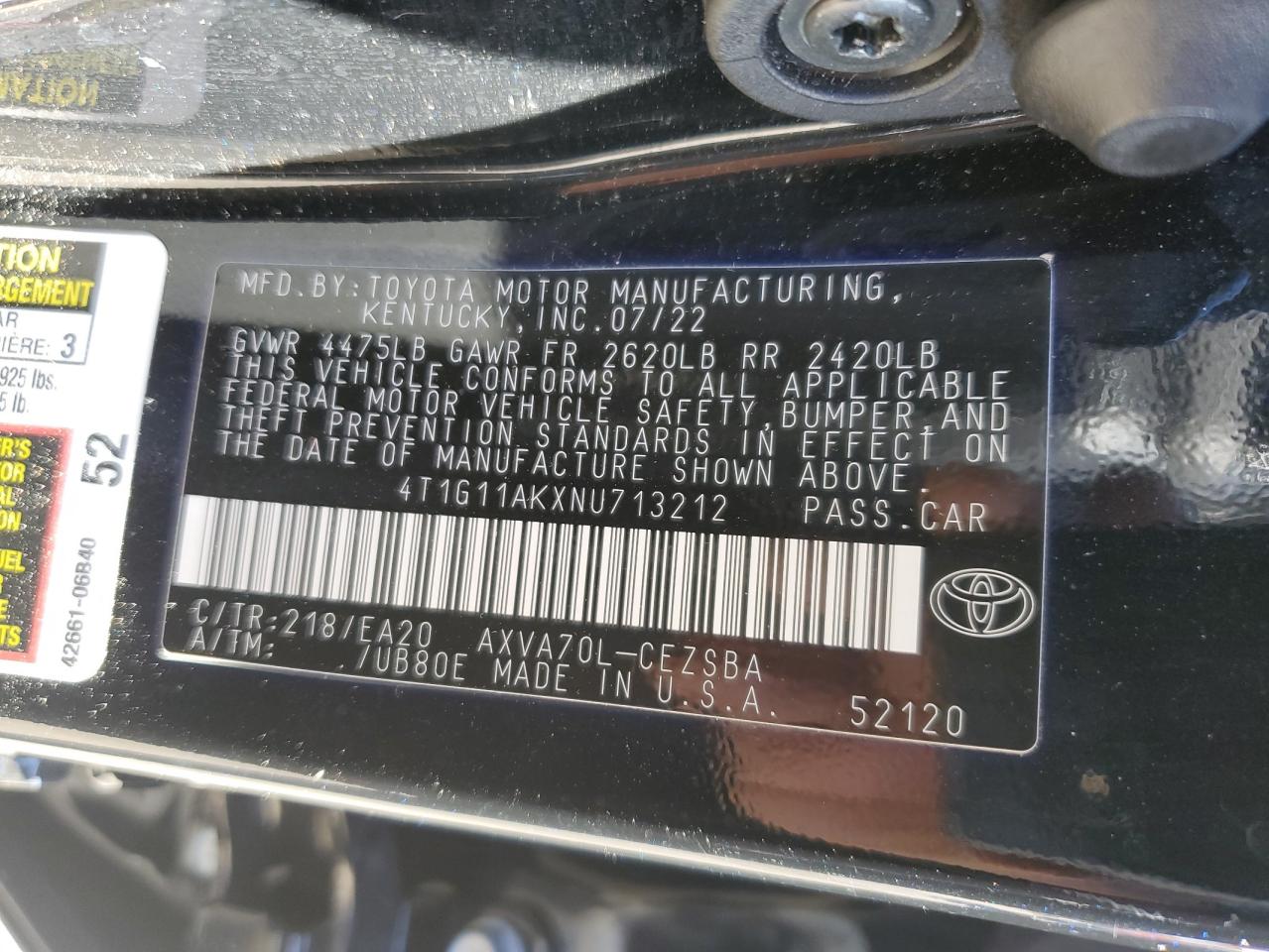 2022 TOYOTA CAMRY SE VIN:4T1G11AKXNU713212