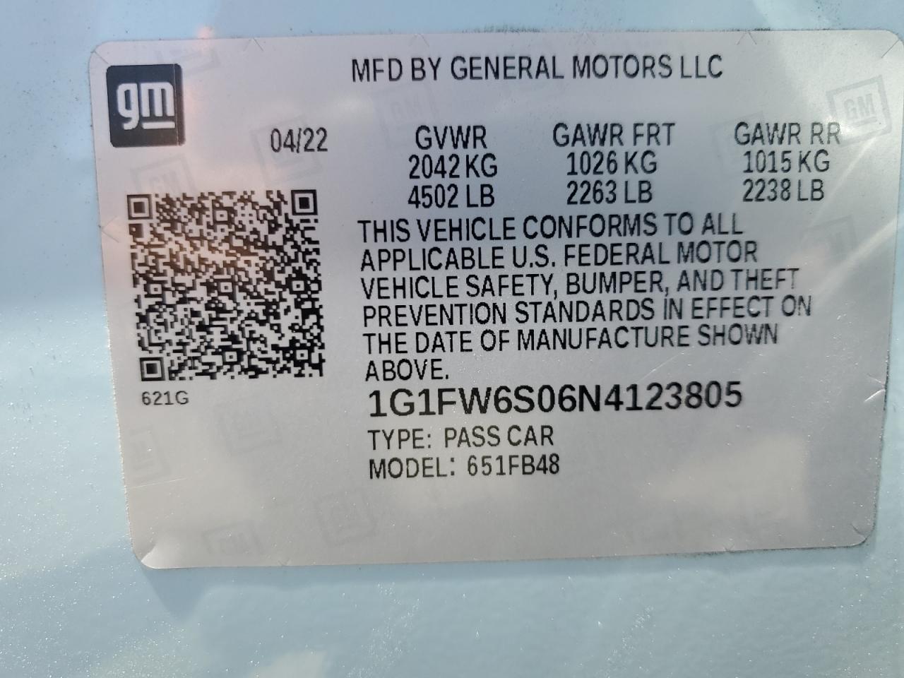 2022 CHEVROLET BOLT EV 1LT VIN:1G1FW6S06N4123805