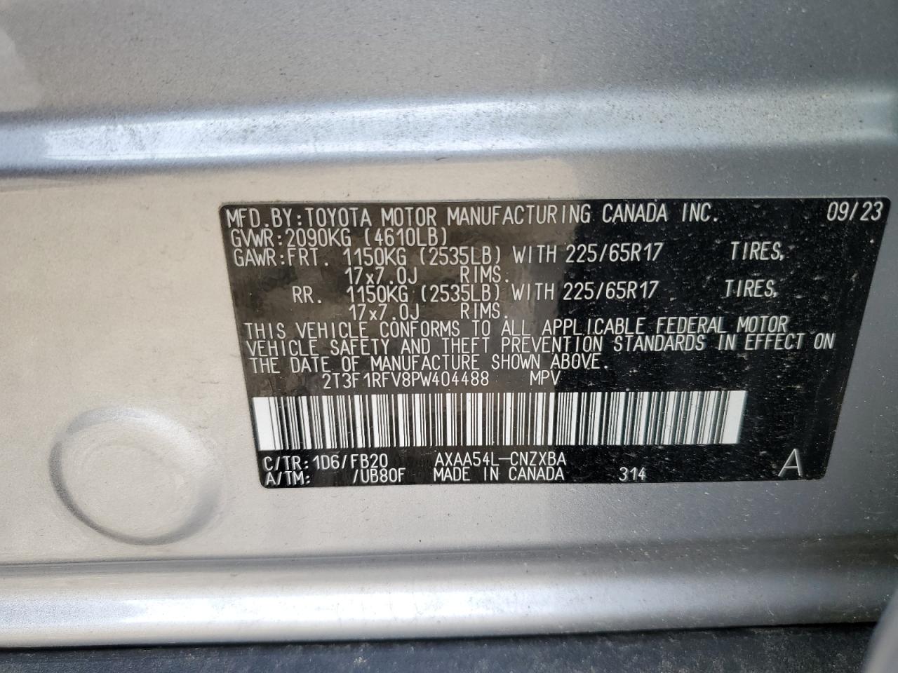 2023 TOYOTA RAV4 LE VIN:2T3F1RFV8PW404488
