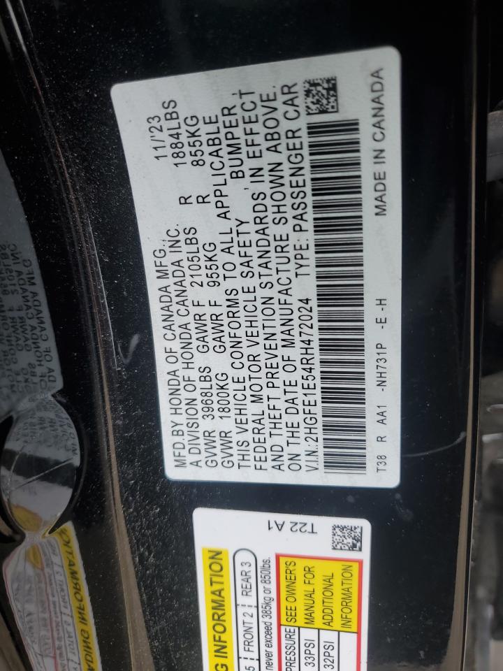 2024 HONDA CIVIC SI VIN:2HGFE1E54RH472024