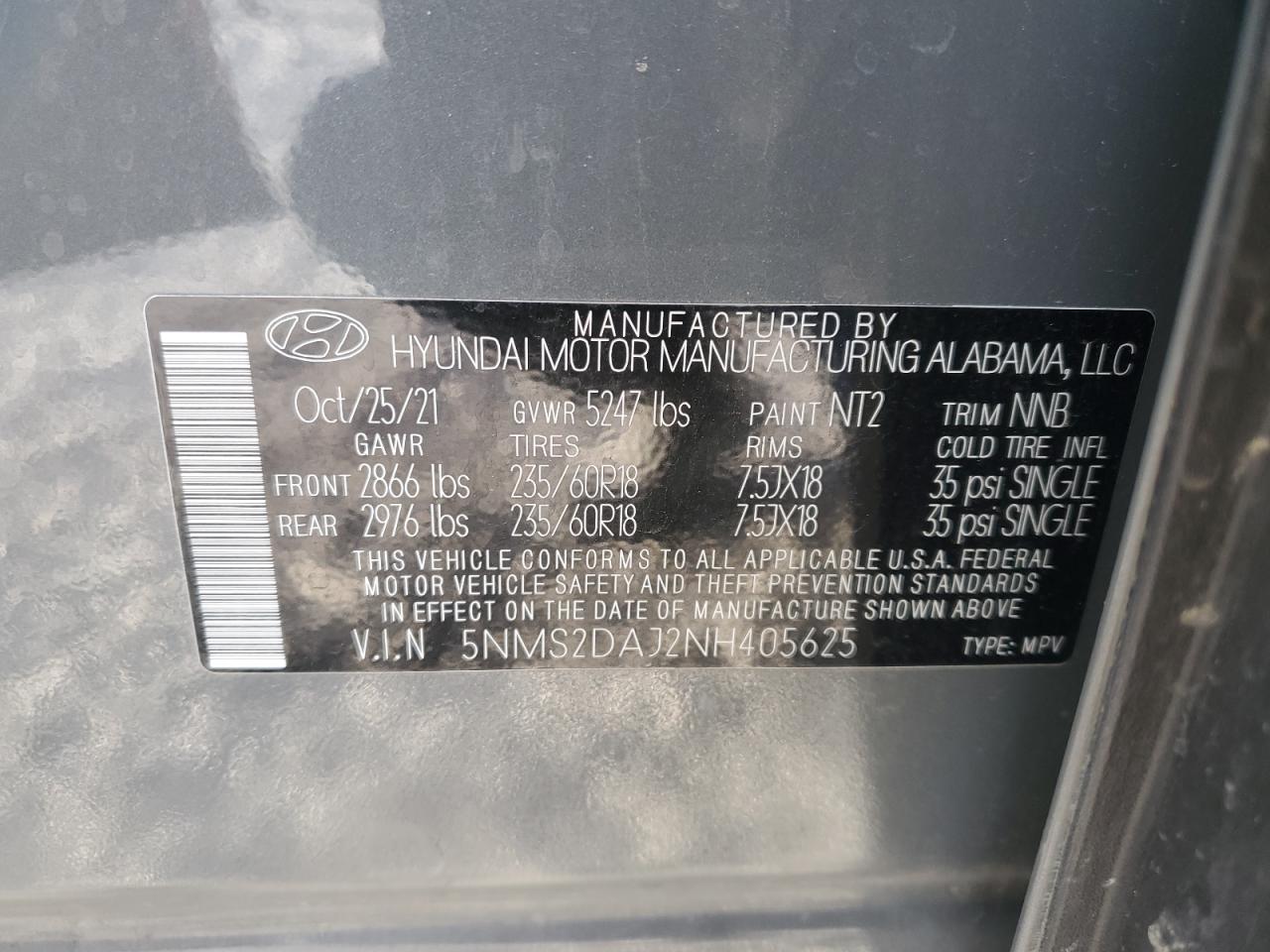 2022 HYUNDAI SANTA FE SEL VIN:5NMS2DAJ2NH405625