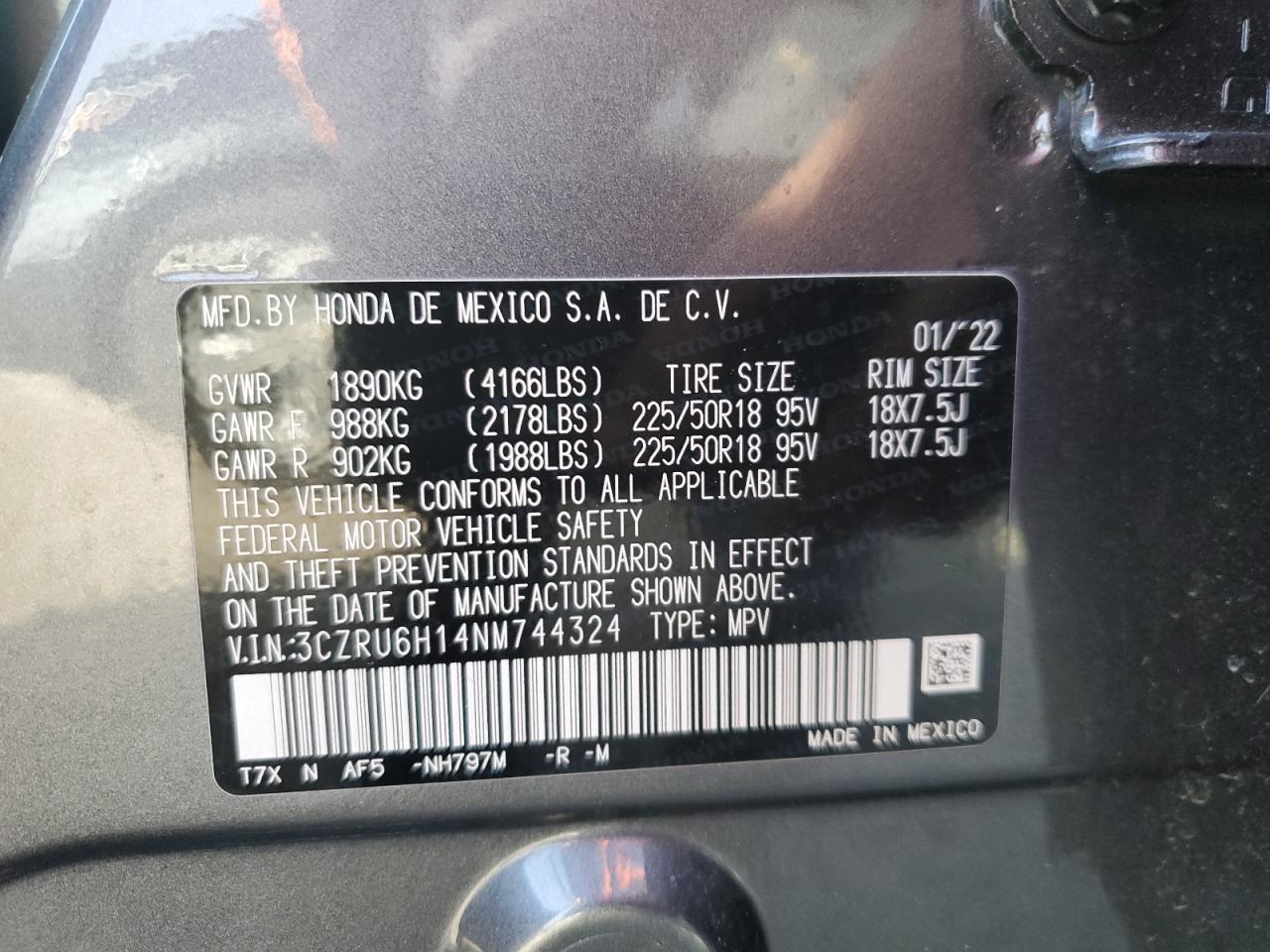 2022 HONDA HR-V SPORT VIN:3CZRU6H14NM744324