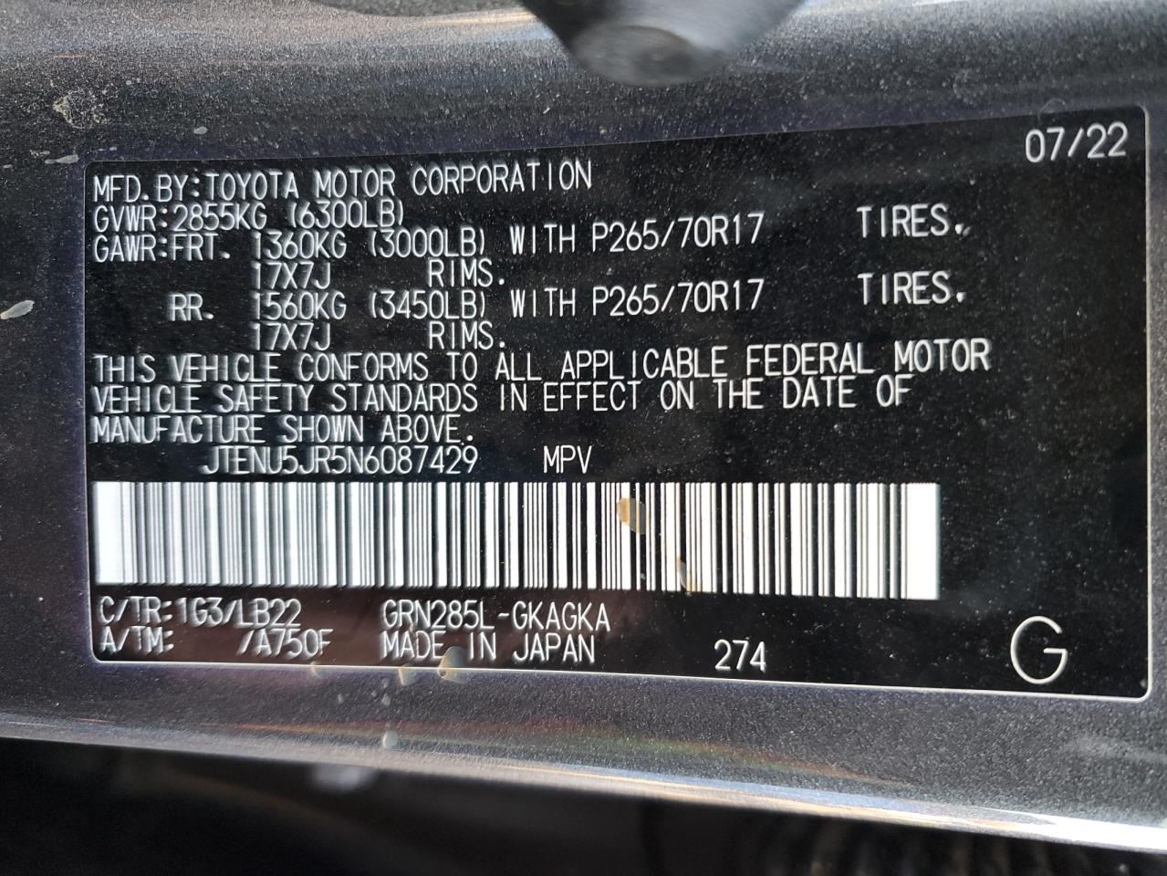 2022 TOYOTA 4RUNNER SR5/SR5 PREMIUM VIN:JTENU5JR5N6087429