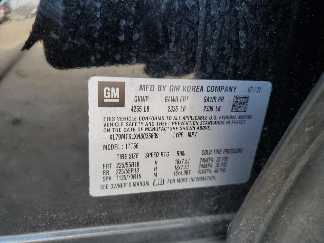 2022 CHEVROLET TRAILBLAZER RS VIN:KL79MTSLXNB036839