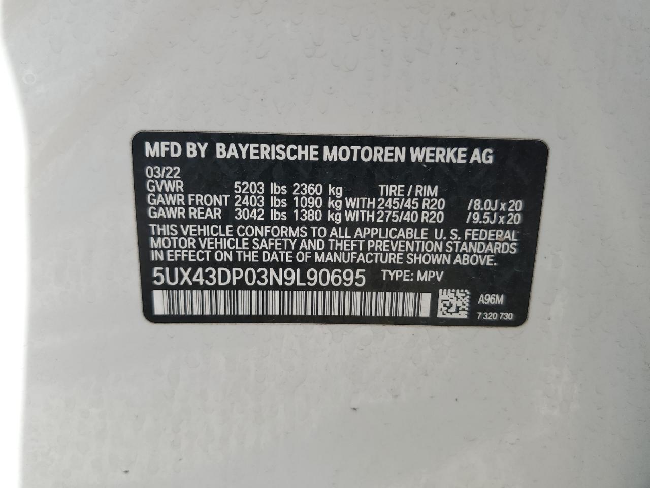 2022 BMW X3 SDRIVE30I VIN:5UX43DP03N9L90695