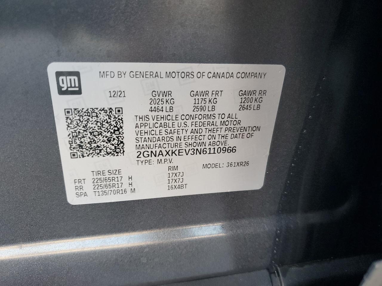 2022 CHEVROLET EQUINOX LT VIN:2GNAXKEV3N6110966