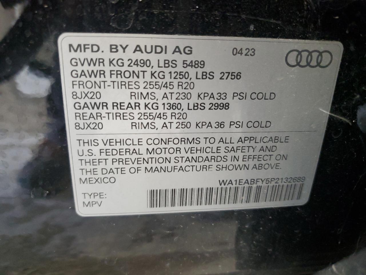 2023 AUDI Q5 PREMIUM PLUS 45 VIN:WA1EABFY5P2132689