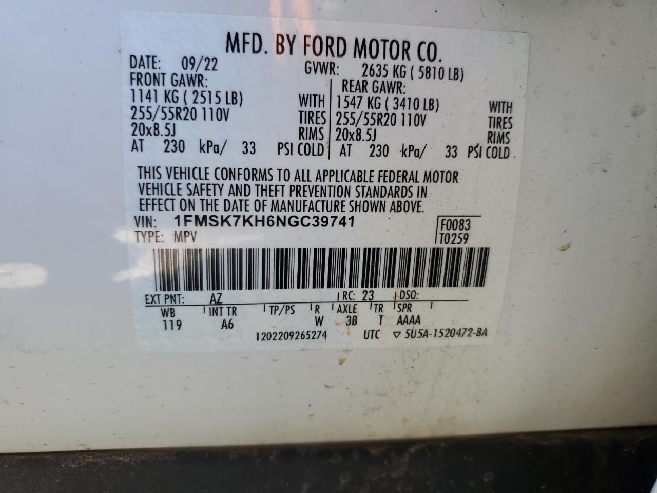 2022 FORD EXPLORER ST-LINE VIN:1FMSK7KH6NGC39741