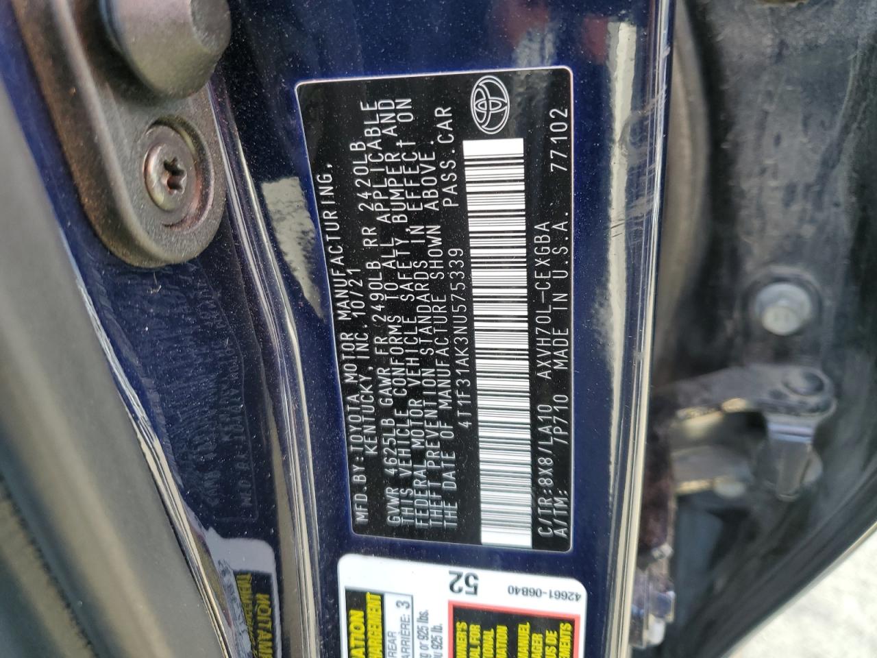 2022 TOYOTA CAMRY XLE VIN:4T1F31AK3NU575339