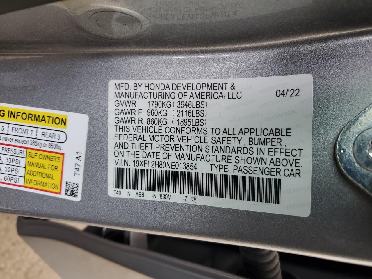 2022 HONDA CIVIC SPORT VIN:19XFL2H80NE013854