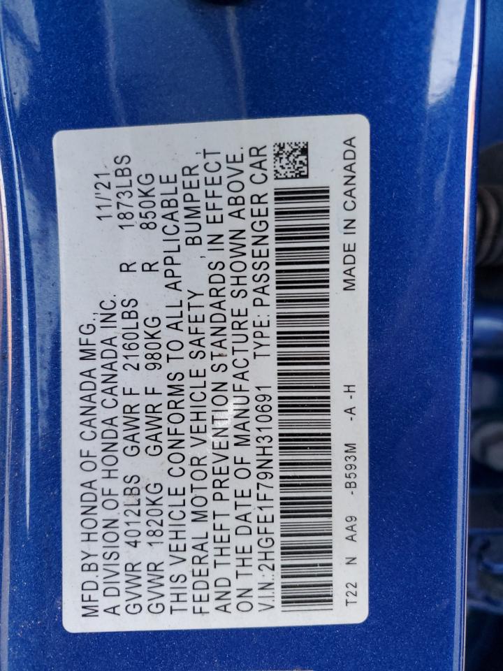 2022 HONDA CIVIC EX VIN:2HGFE1F79NH310691