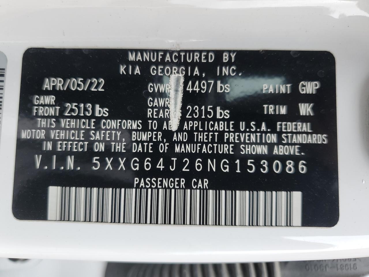 2022 KIA K5 GT LINE VIN:5XXG64J26NG153086