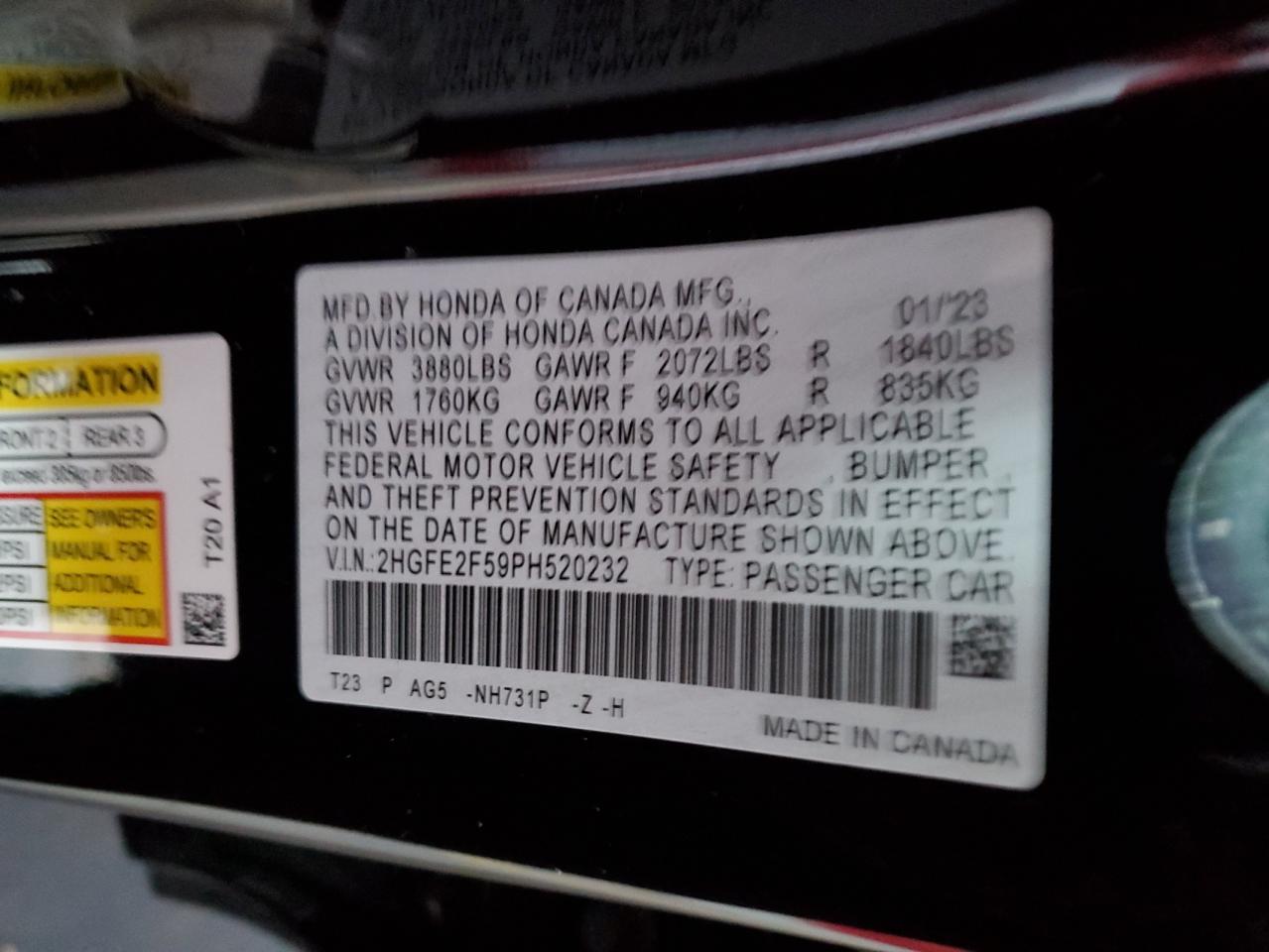 2023 HONDA CIVIC SPORT VIN:2HGFE2F59PH520232