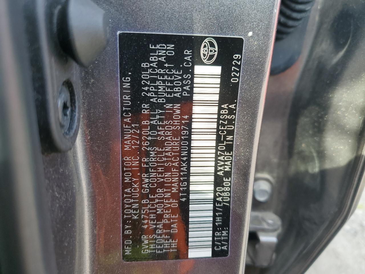 2022 TOYOTA CAMRY SE VIN:4T1G11AK4NU019714