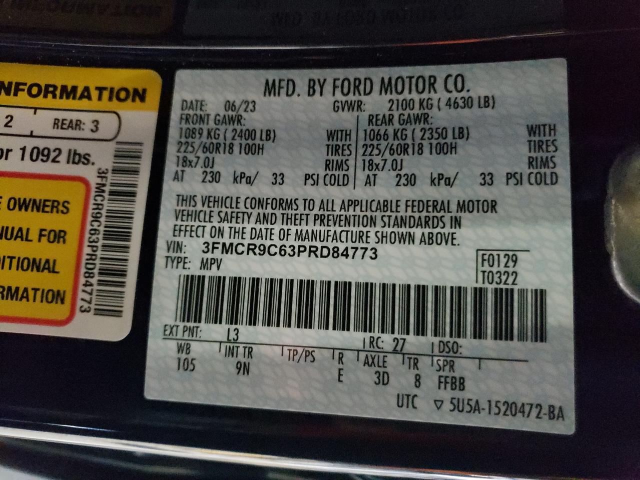 2023 FORD BRONCO SPORT OUTER BANKS VIN:3FMCR9C63PRD84773