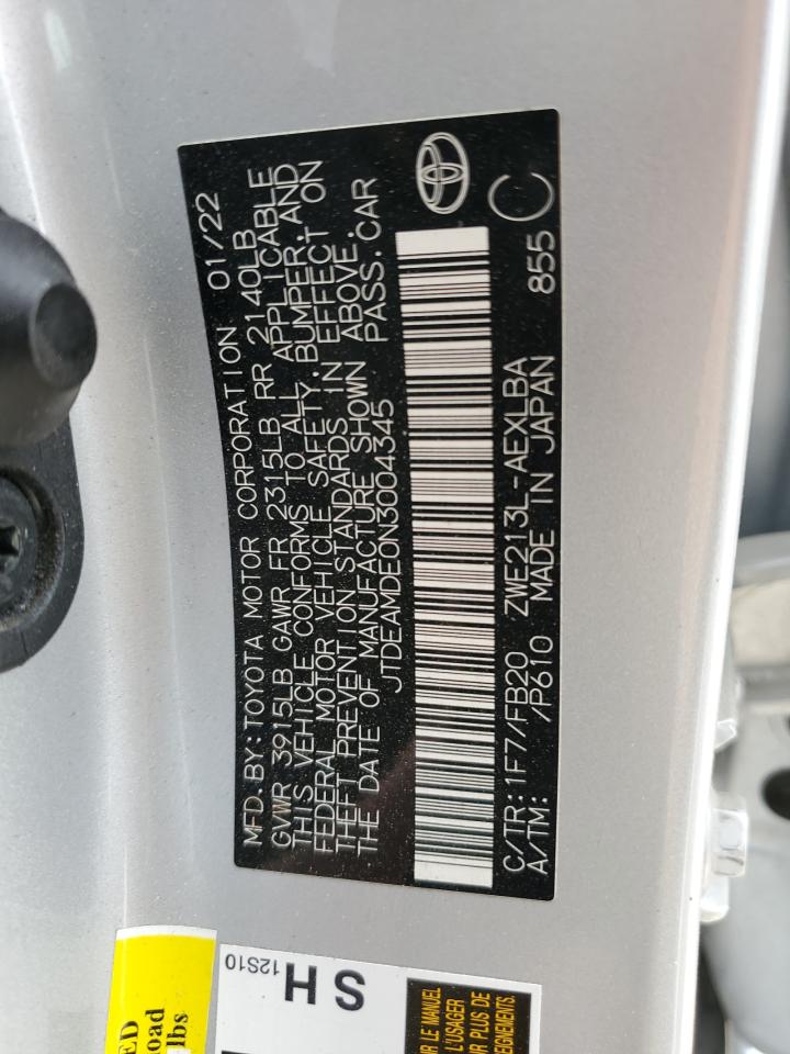 2022 TOYOTA COROLLA LE VIN:JTDEAMDE0N3004345