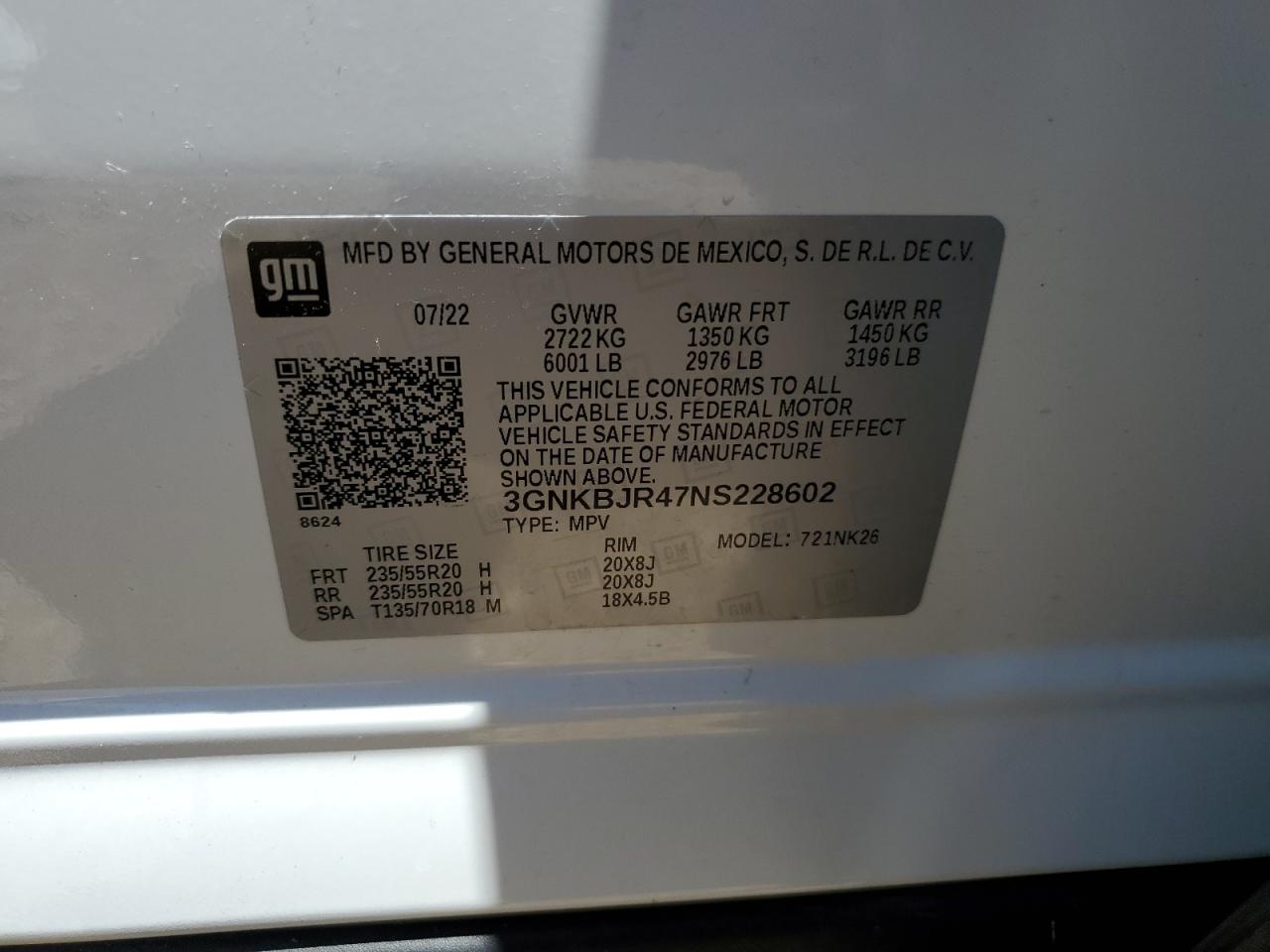 2022 CHEVROLET BLAZER 3LT VIN:3GNKBJR47NS228602