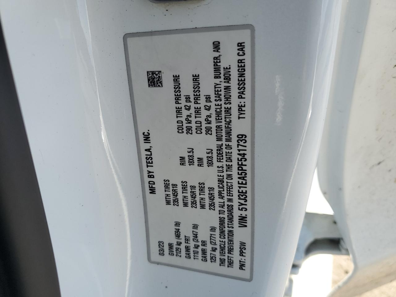2023 TESLA MODEL 3  VIN:5YJ3E1EA5PF541739