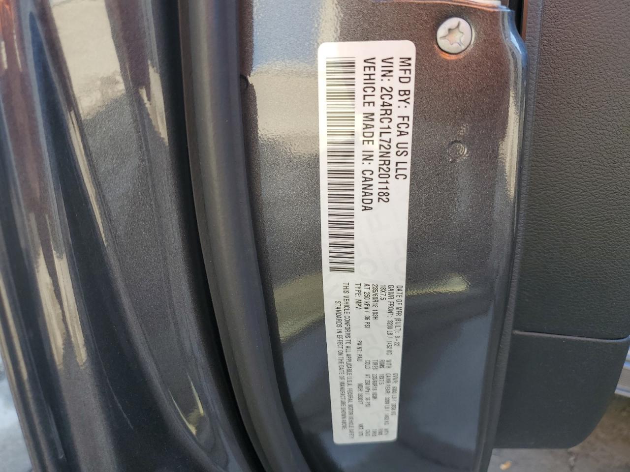 2022 CHRYSLER PACIFICA HYBRID TOURING L VIN:2C4RC1L72NR201182