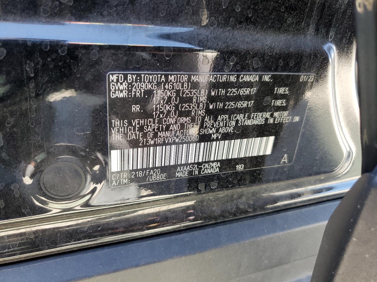 2023 TOYOTA RAV4 XLE VIN:2T3W1RFVXPW250060