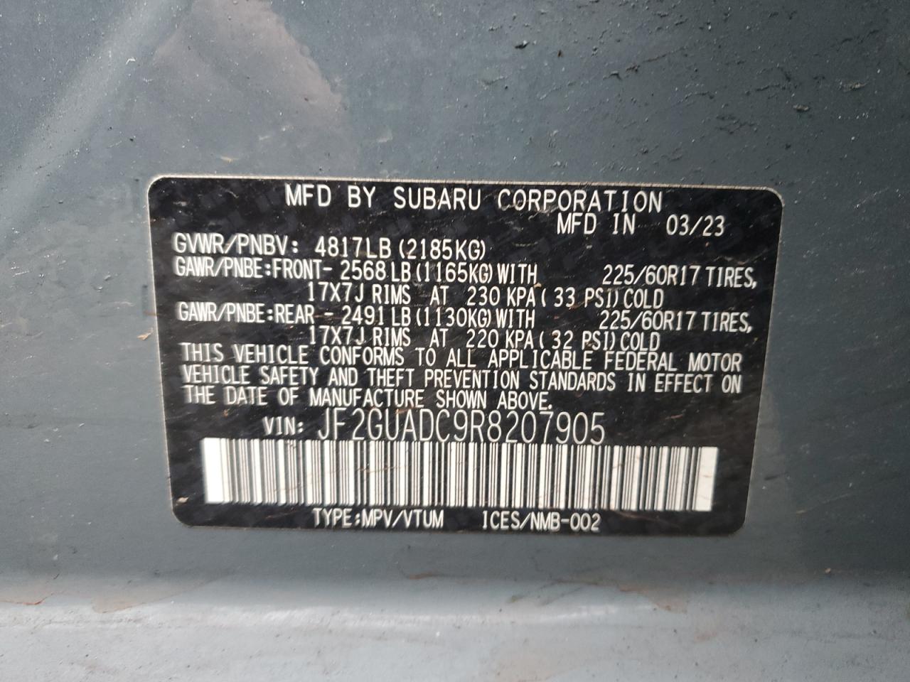 2024 SUBARU CROSSTREK PREMIUM VIN:JF2GUADC9R8207905