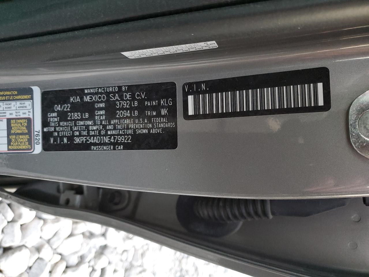 2022 KIA FORTE GT LINE VIN:3KPF54AD1NE479922