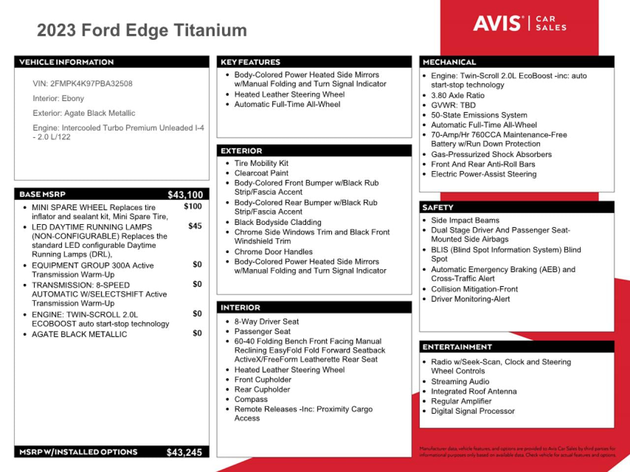 2023 FORD EDGE TITANIUM VIN:2FMPK4K97PBA32508