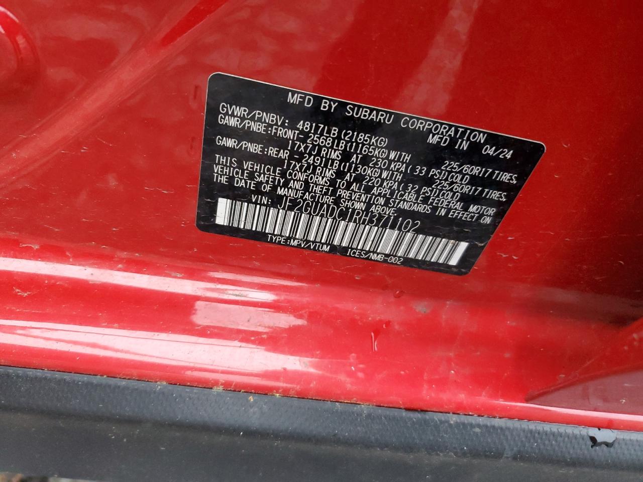 2024 SUBARU CROSSTREK PREMIUM VIN:JF2GUADC1RH371102