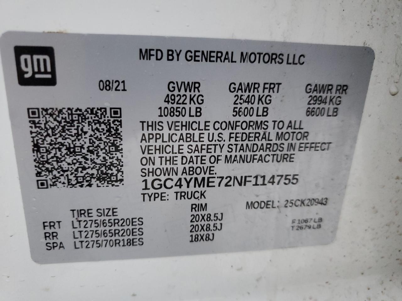 2022 CHEVROLET SILVERADO K2500 CUSTOM VIN:1GC4YME72NF114755