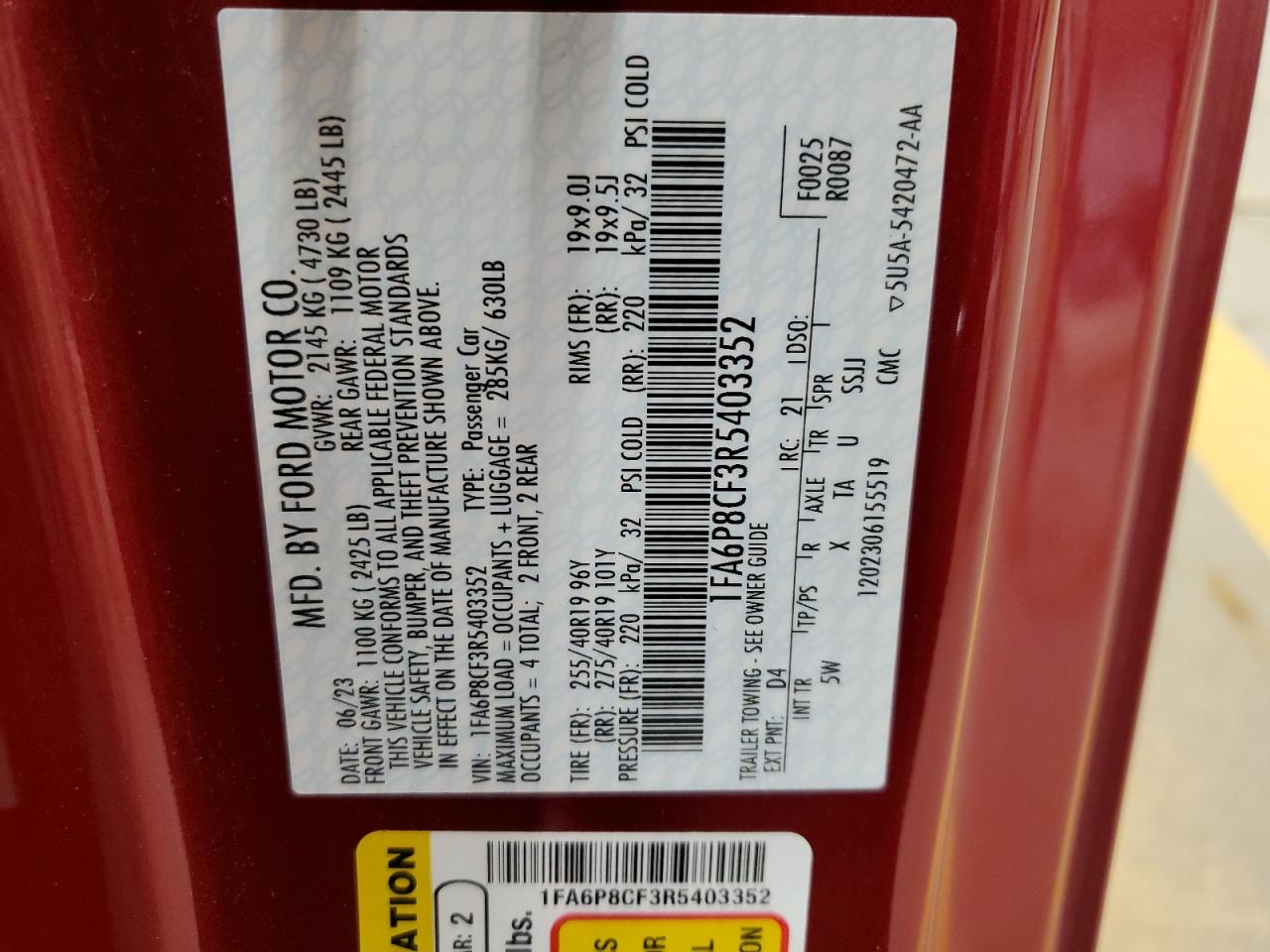 2024 FORD MUSTANG GT VIN:1FA6P8CF3R5403352