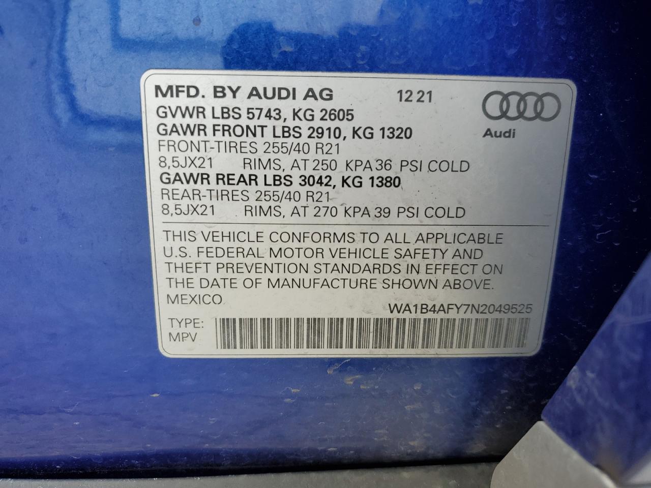 2022 AUDI SQ5 PREMIUM PLUS VIN:WA1B4AFY7N2049525