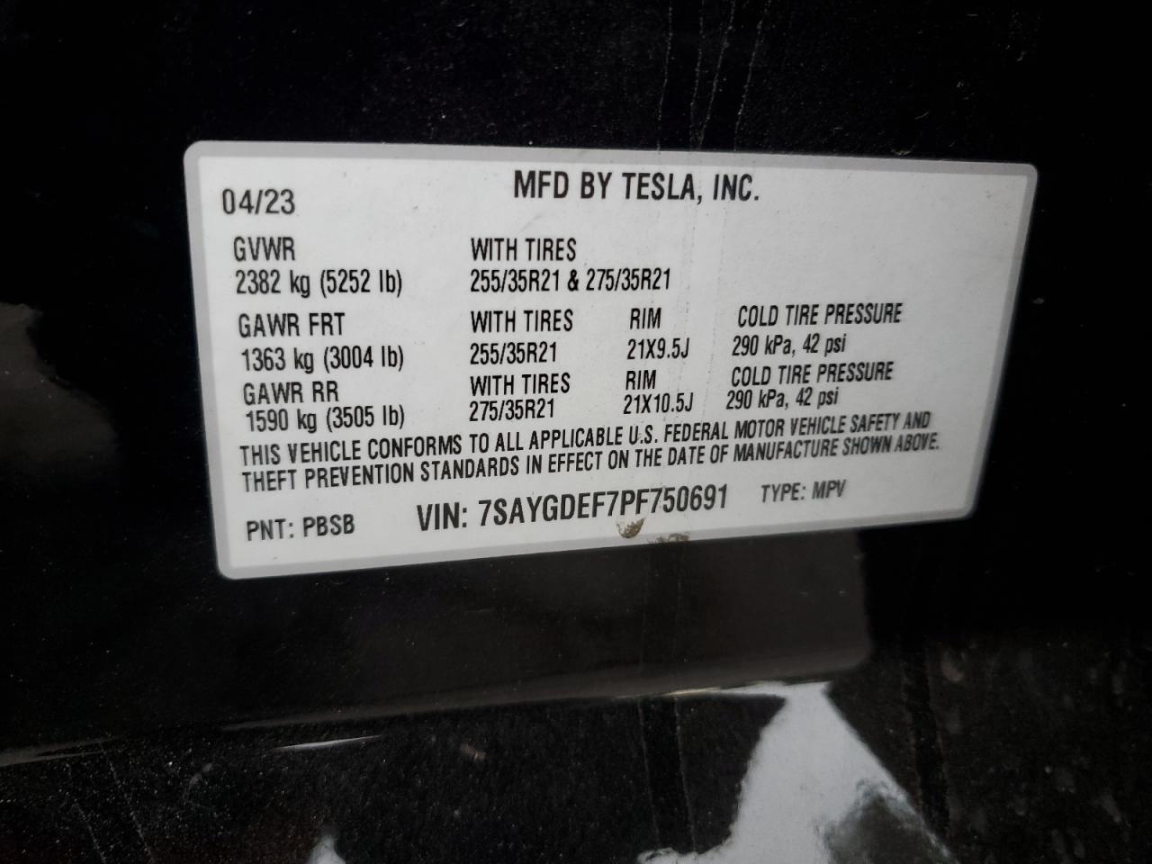 2023 TESLA MODEL Y  VIN:7SAYGDEF7PF750691