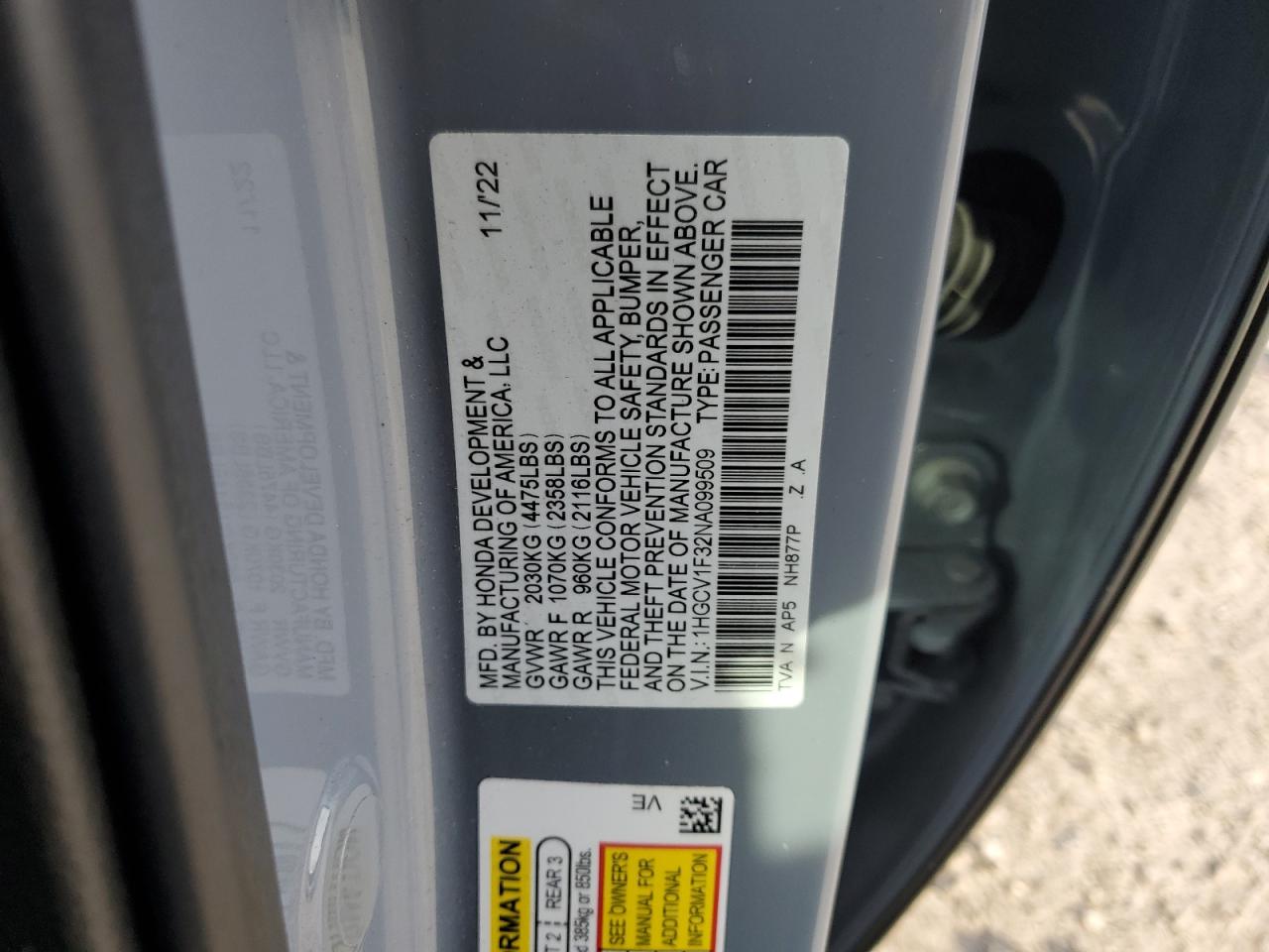 2022 HONDA ACCORD SPORT VIN:1HGCV1F32NA099509