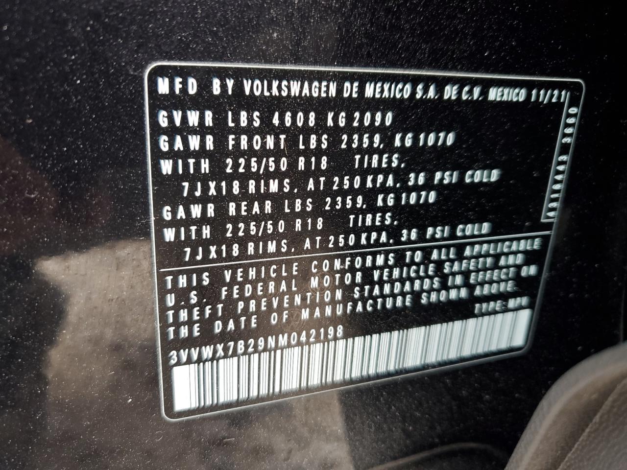 2022 VOLKSWAGEN TAOS SE VIN:3VVWX7B29NM042198