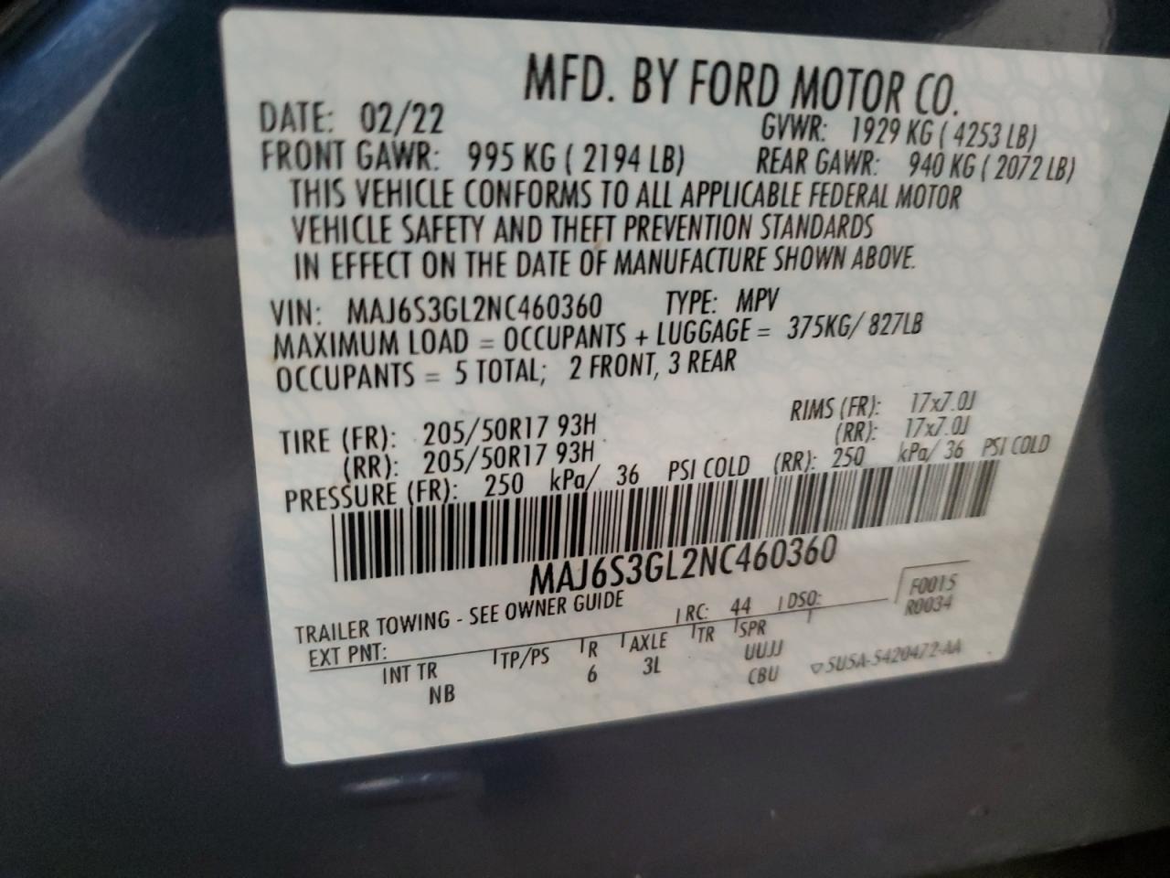 2022 FORD ECOSPORT SE VIN:MAJ6S3GL2NC460360