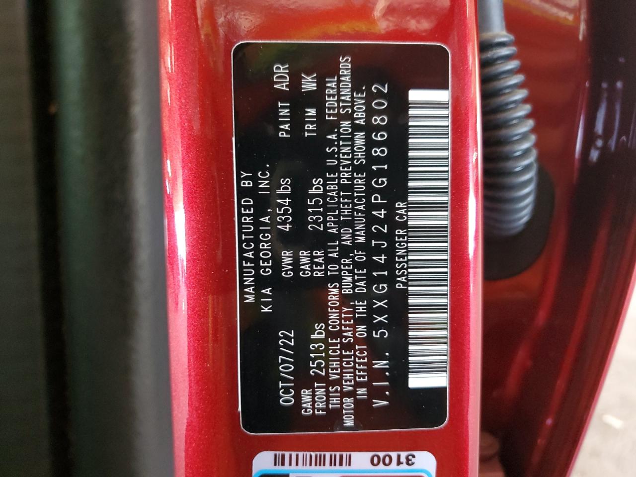 2023 KIA K5 LXS VIN:5XXG14J24PG186802