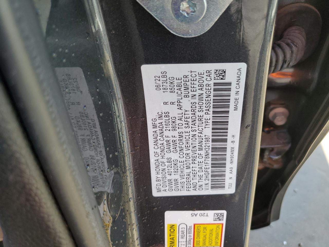 2022 HONDA CIVIC EX VIN:2HGFE1F78NH321987
