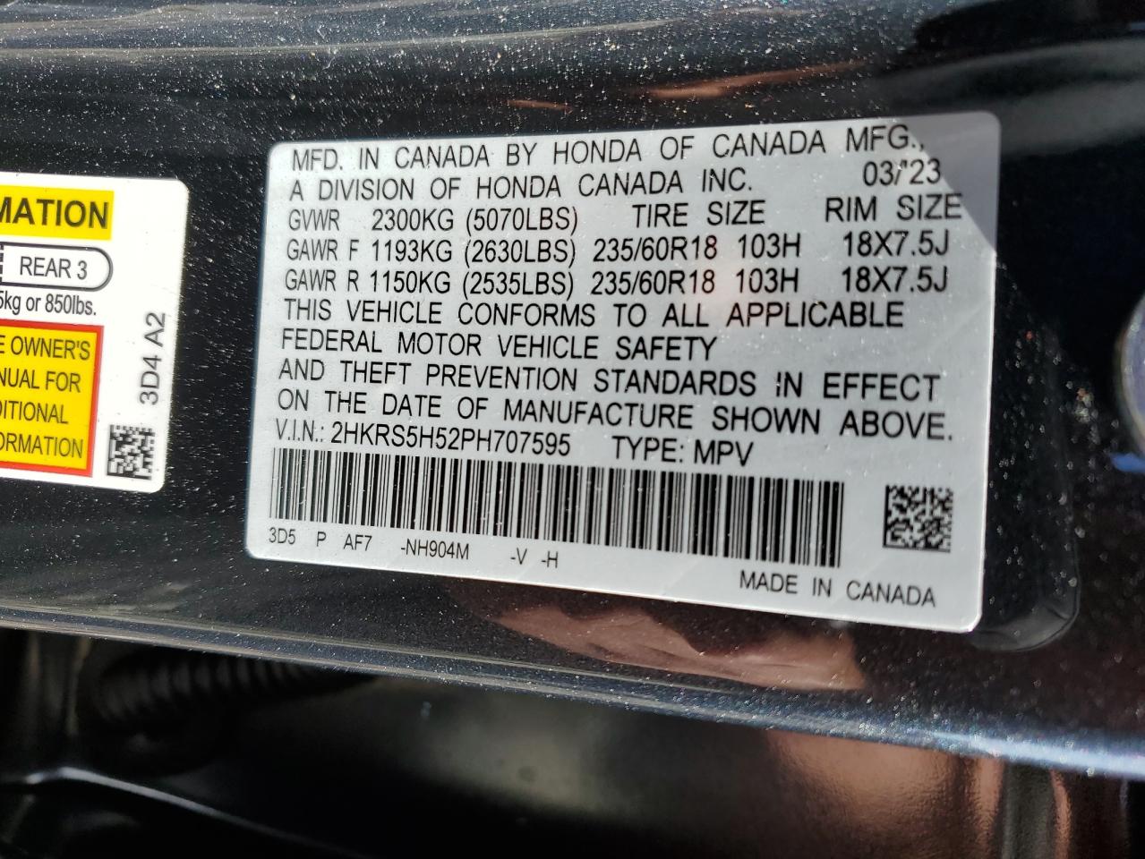 2023 HONDA CR-V SPORT VIN:2HKRS5H52PH707595
