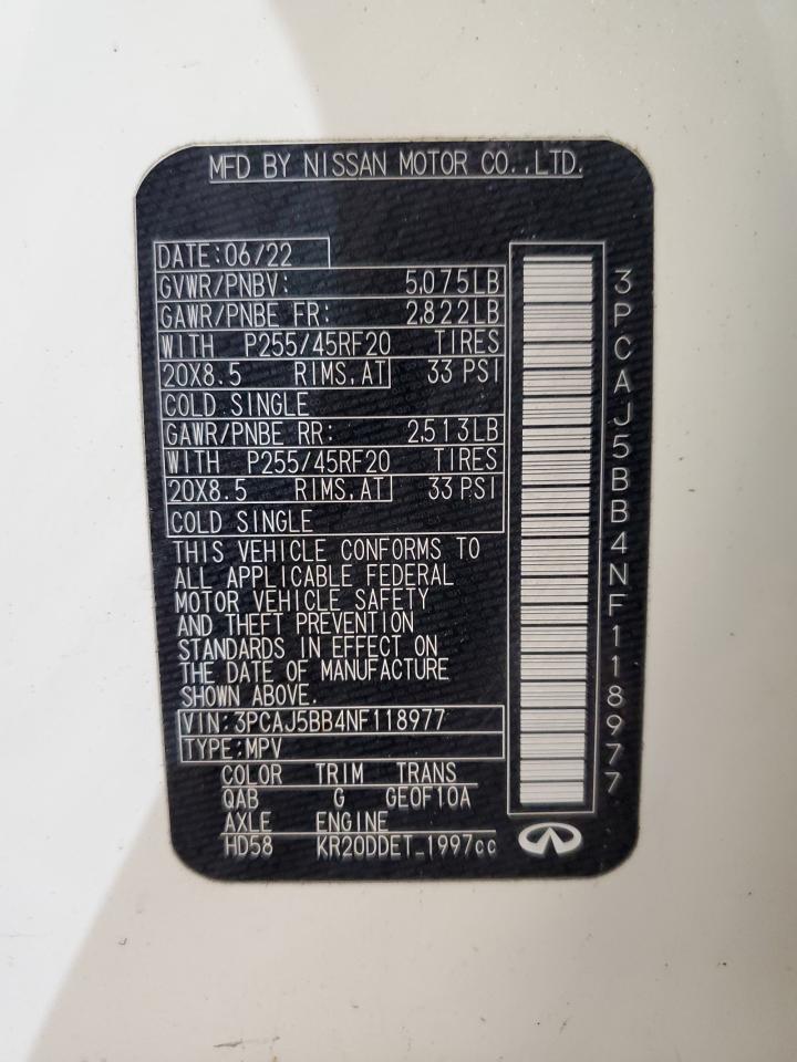 2022 INFINITI QX50 LUXE VIN:3PCAJ5BB4NF118977