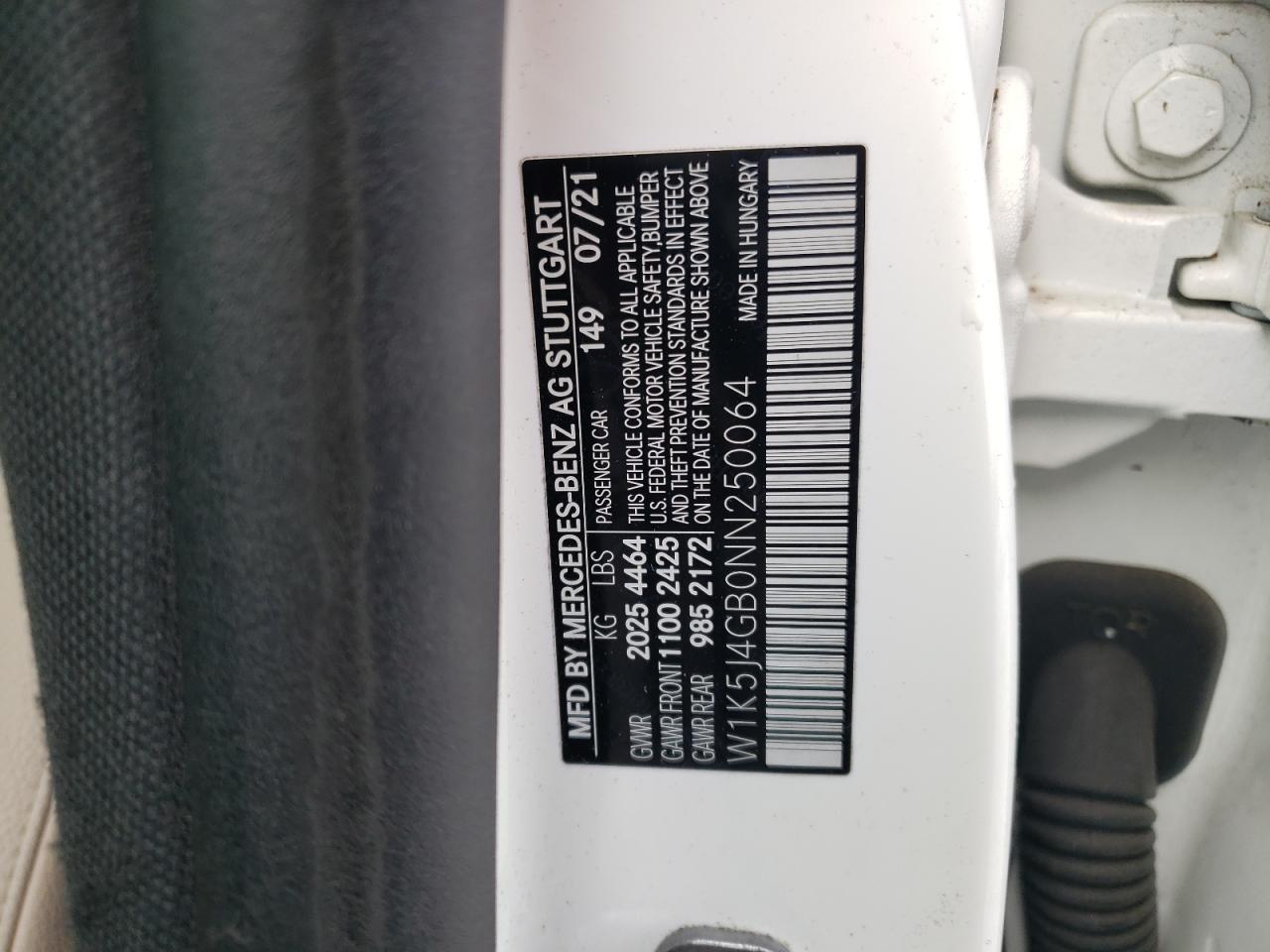 2022 MERCEDES-BENZ CLA 250 VIN:W1K5J4GB0NN250064