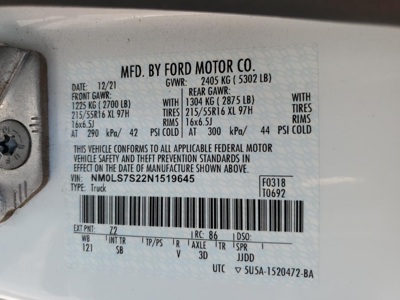 2022 FORD TRANSIT CONNECT XL VIN:NM0LS7S22N1519645