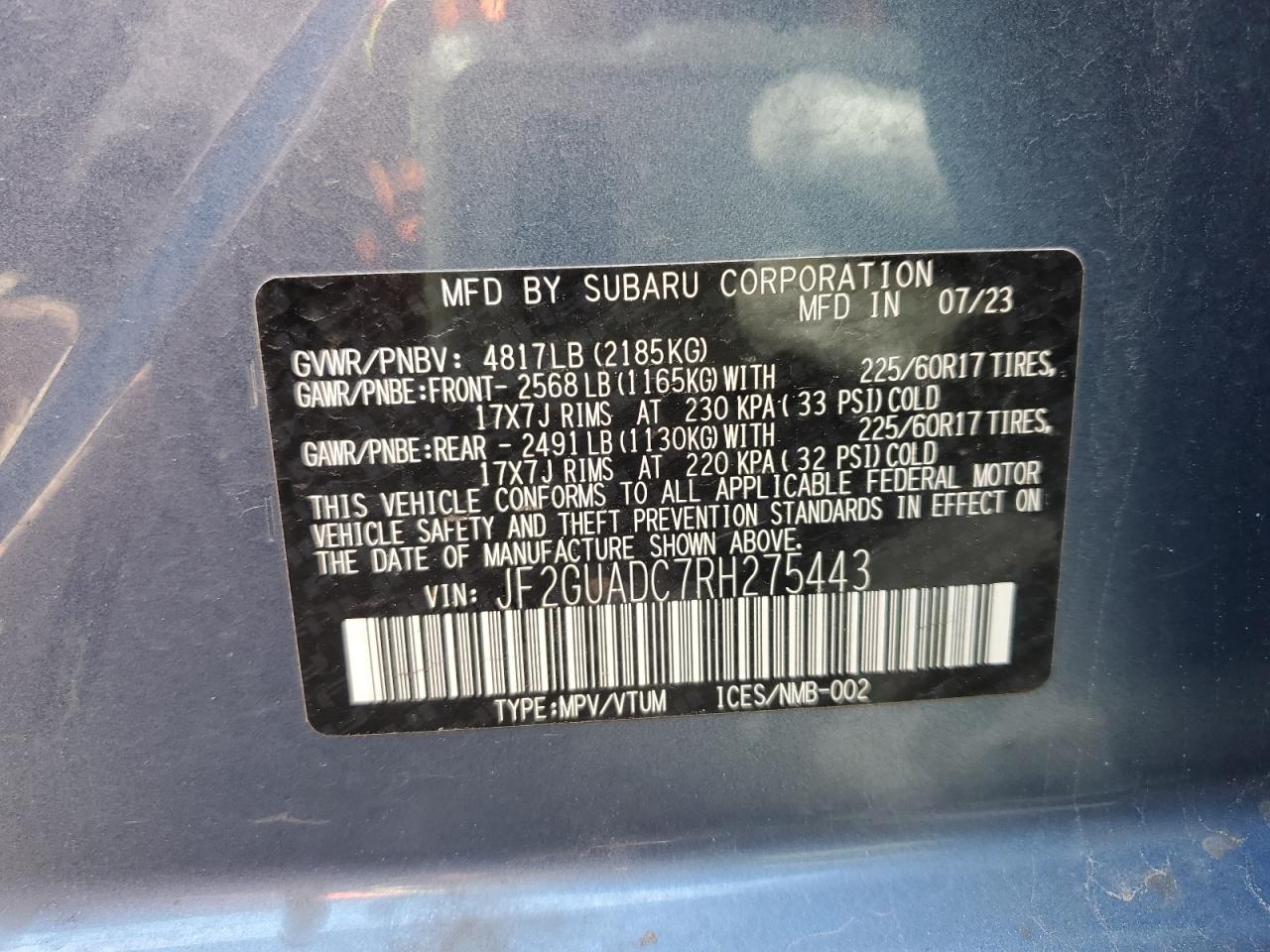 2024 SUBARU CROSSTREK PREMIUM VIN:JF2GUADC7RH275443