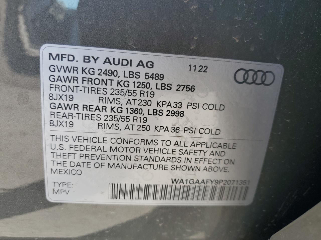 2023 AUDI Q5 PREMIUM 45 VIN:WA1GAAFY9P2071351