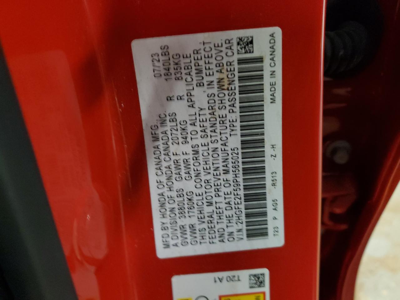 2023 HONDA CIVIC SPORT VIN:2HGFE2F59PH565025