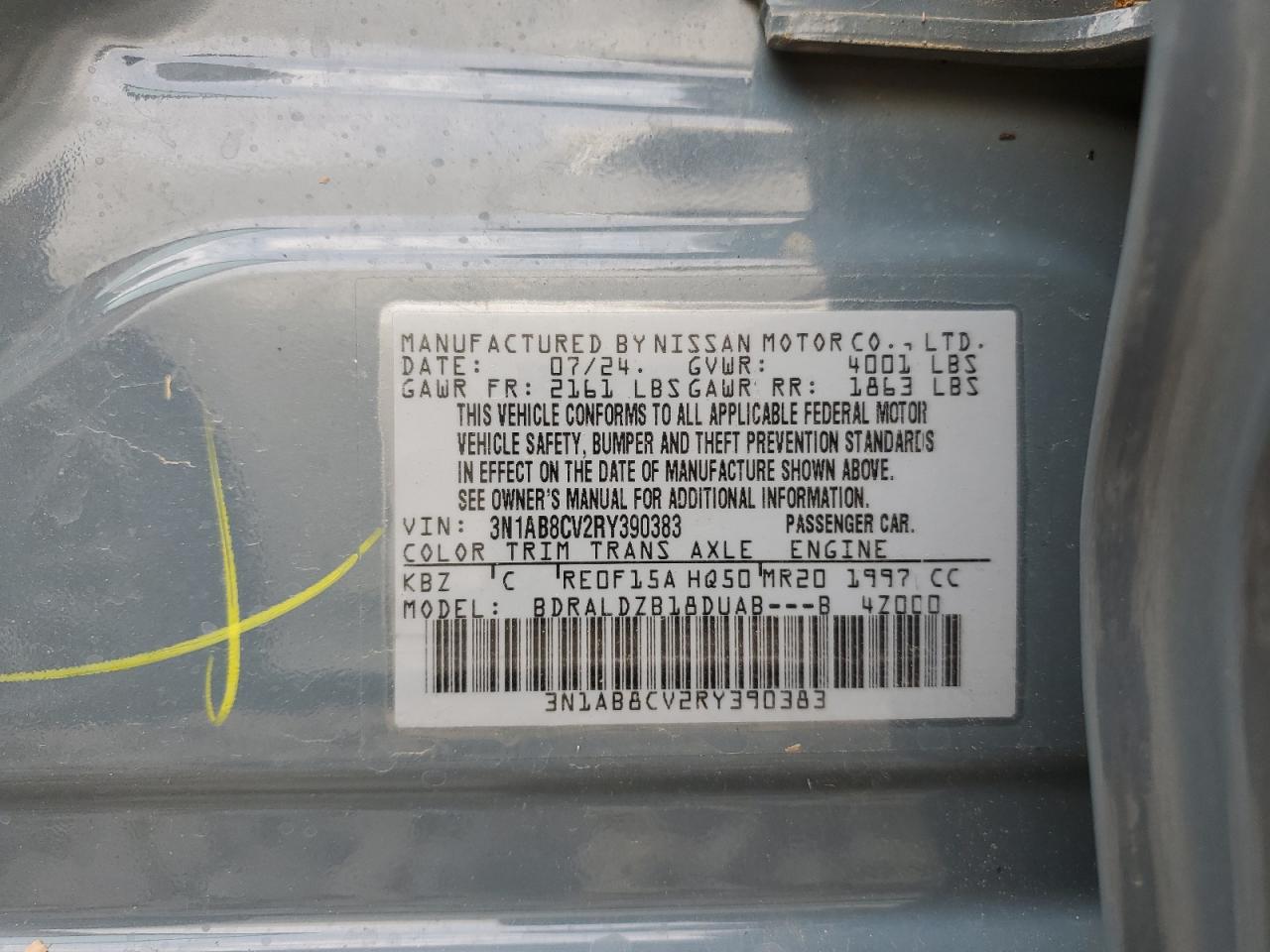 2024 NISSAN SENTRA SV VIN:3N1AB8CV2RY390383