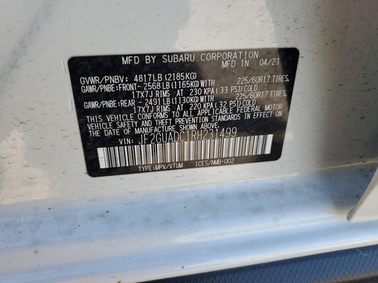 2024 SUBARU CROSSTREK PREMIUM VIN:JF2GUADC1RH231499