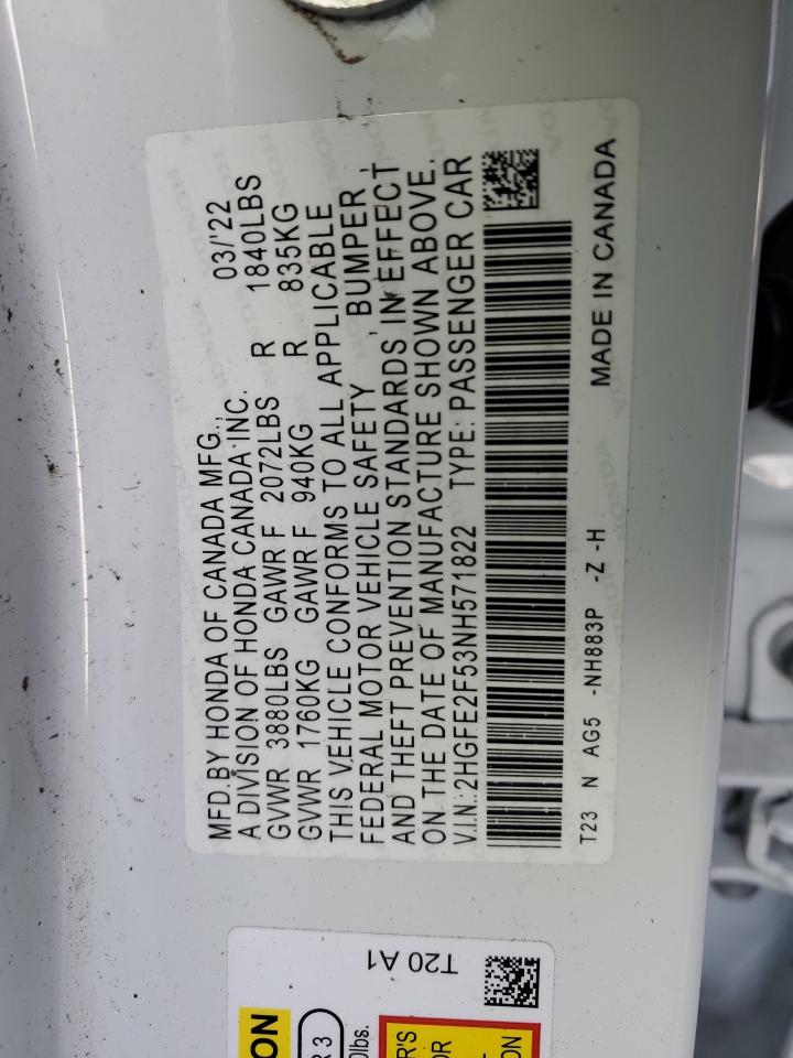 2022 HONDA CIVIC SPORT VIN:2HGFE2F53NH571822