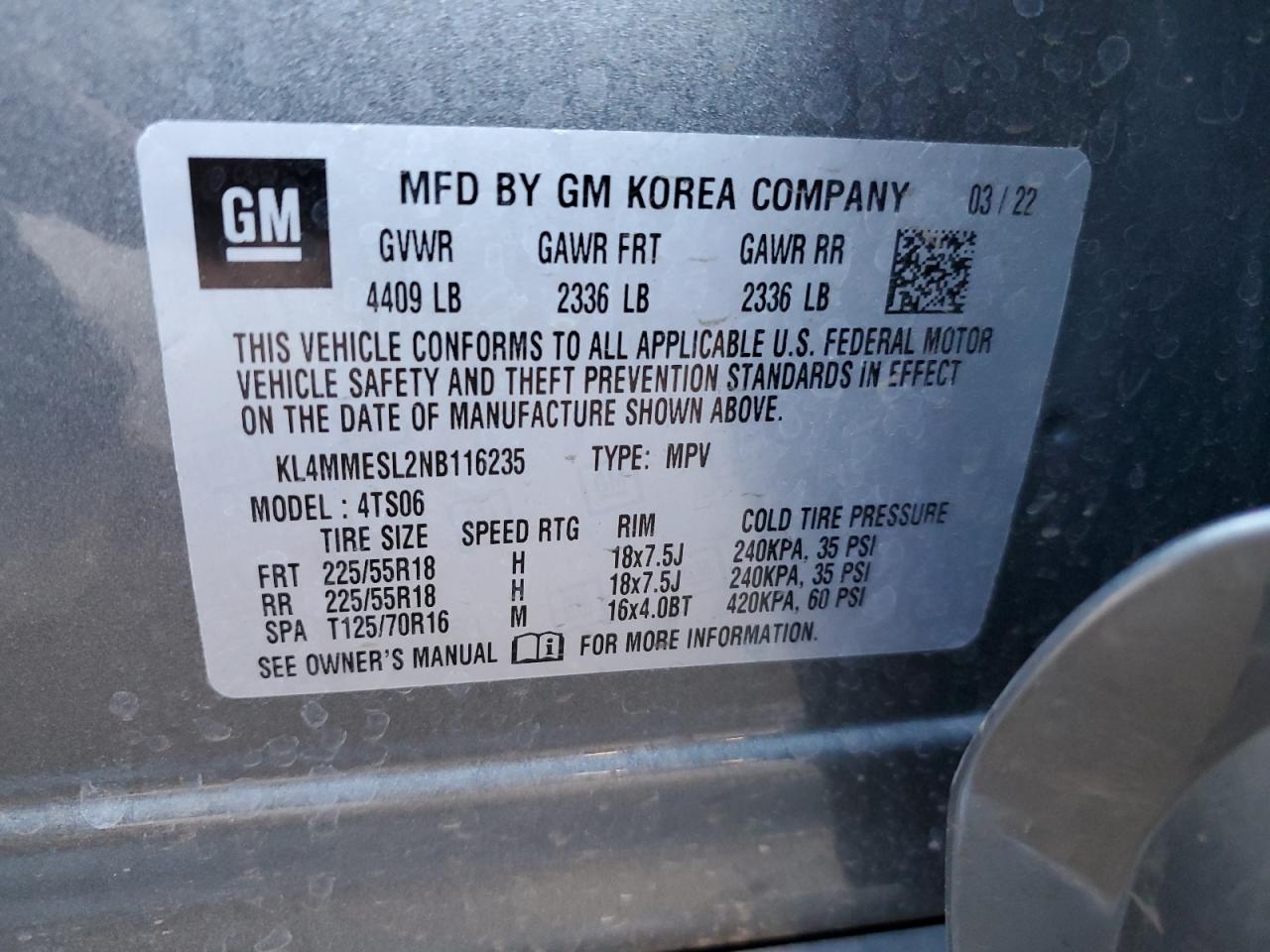 2022 BUICK ENCORE GX SELECT VIN:KL4MMESL2NB116235