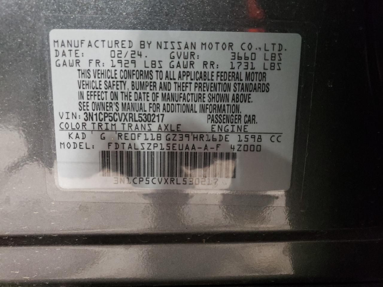 2024 NISSAN KICKS SV VIN:3N1CP5CVXRL530217