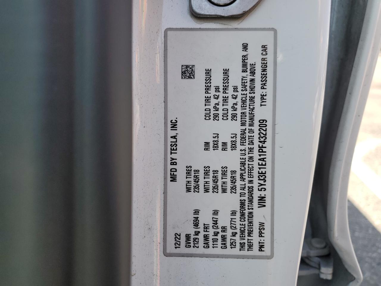 2023 TESLA MODEL 3  VIN:5YJ3E1EA1PF432209